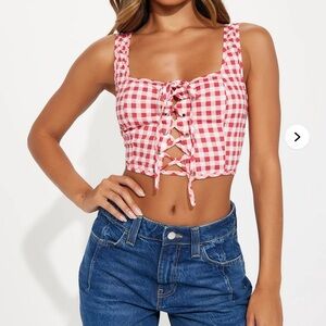 Fashion Nova Chic Red Gingham Lace-Up Crop Top